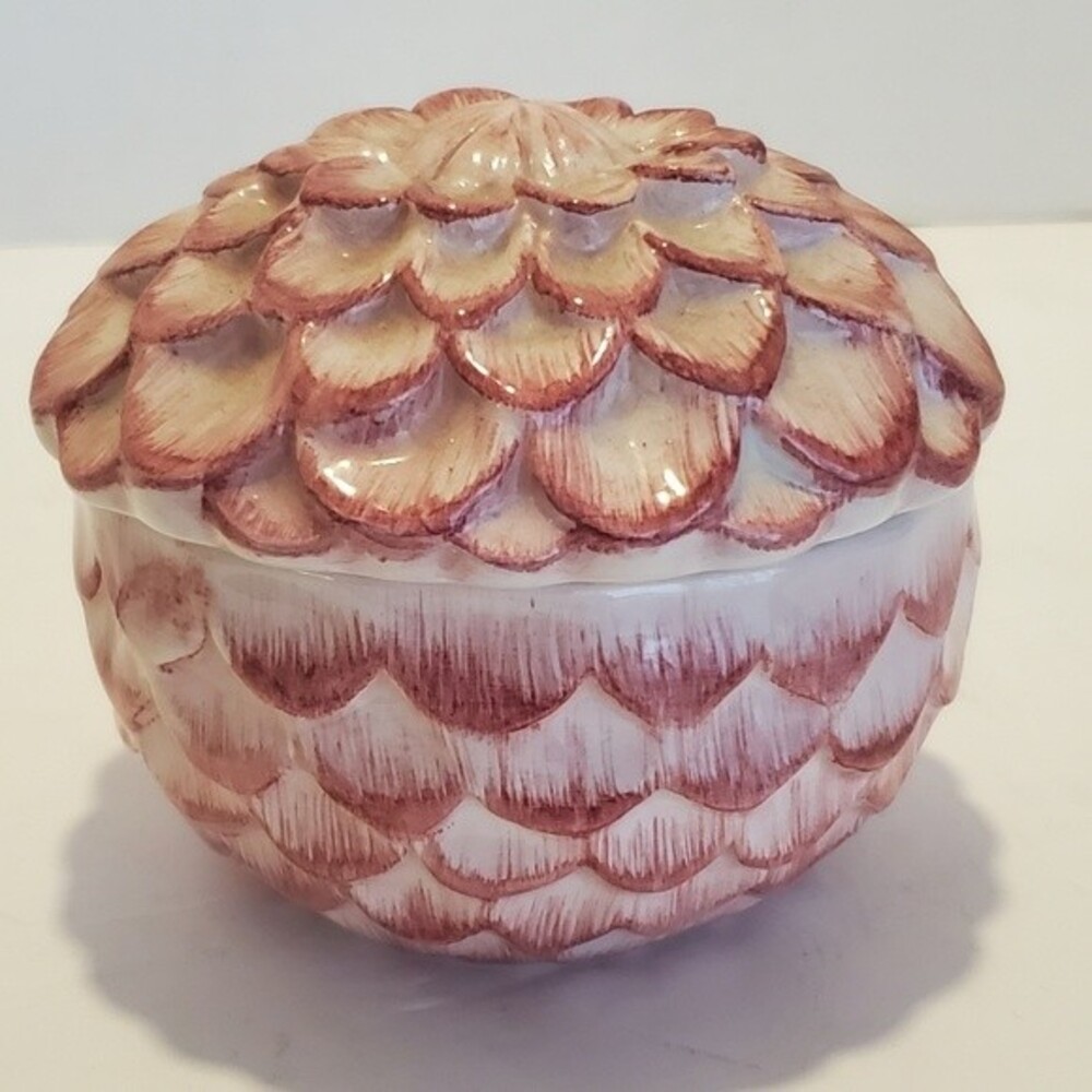 Vintage Hand painted Italian Ceramic Flower Chrysanthemum Lidded Trinket Dish
